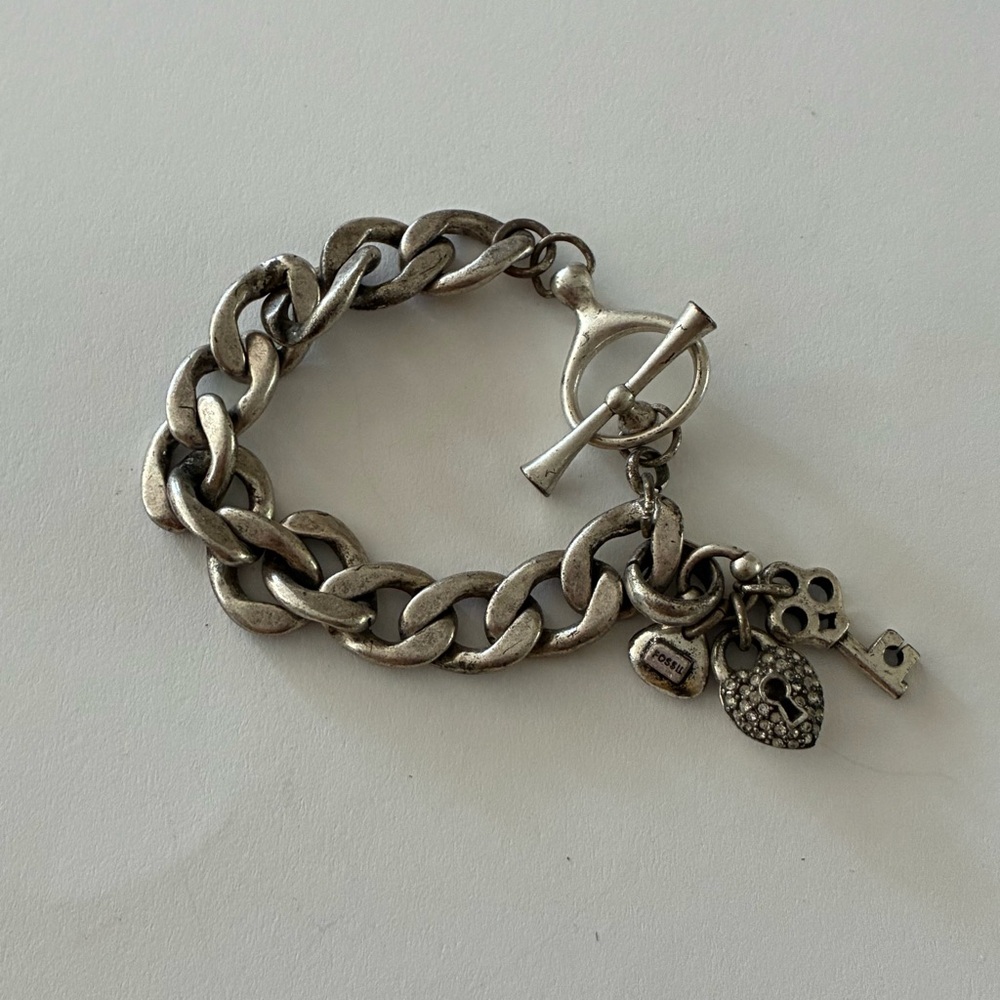 Vintage Fossil Padlock Key Pave Heart Charm Toggle Bracelet Silver Steel 6.75”